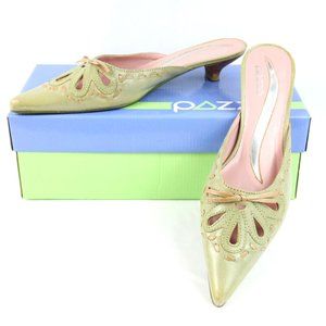 Pazzo Heck 7.5 M Stitched Leather Pointy Slides Kitten Heels w Bow Green w Box